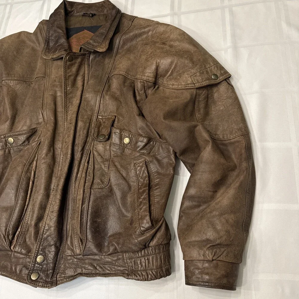 Vintage Weekends Men's Brown Leather Full-Zip Bomber Jacket Size M